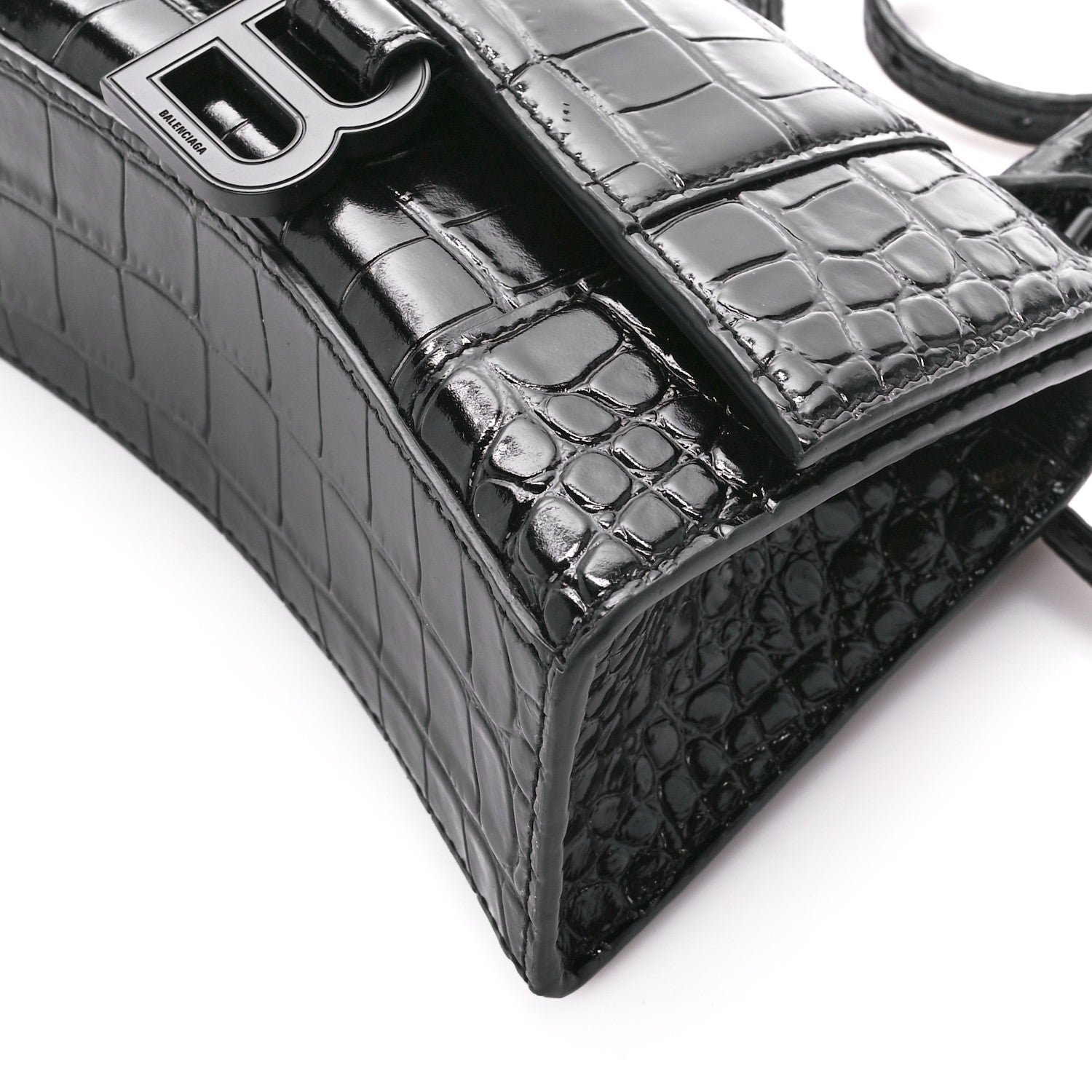 Balenciaga Shiny Calfskin Monochrome Crocodile Embossed Hourglass Top Handle Bag XS Black 9 of 9