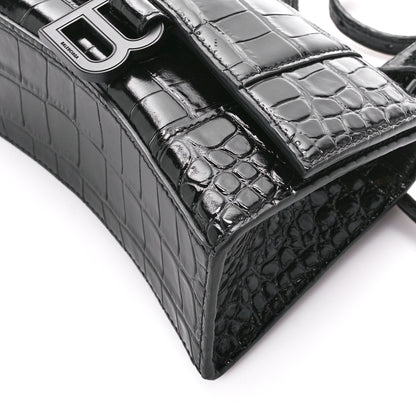 Balenciaga Shiny Calfskin Monochrome Crocodile Embossed Hourglass Top Handle Bag XS Black 9 of 9