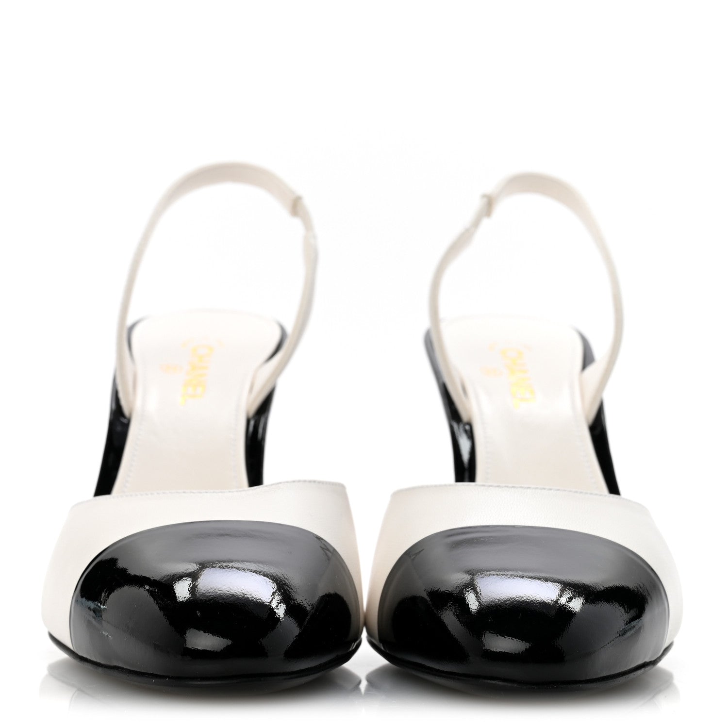 Chanel Lambskin Patent Cap Toe CC Apple Slingback Pumps 38.5 White Black 3 of 10