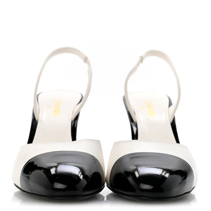 Chanel Lambskin Patent Cap Toe CC Apple Slingback Pumps 38.5 White Black 3 of 10