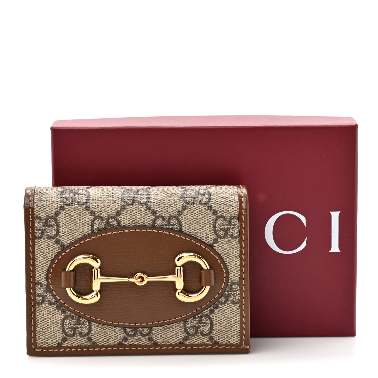 GG Supreme Monogram Horsebit 1955 Card Case Wallet Beige Ebony Brown Sugar