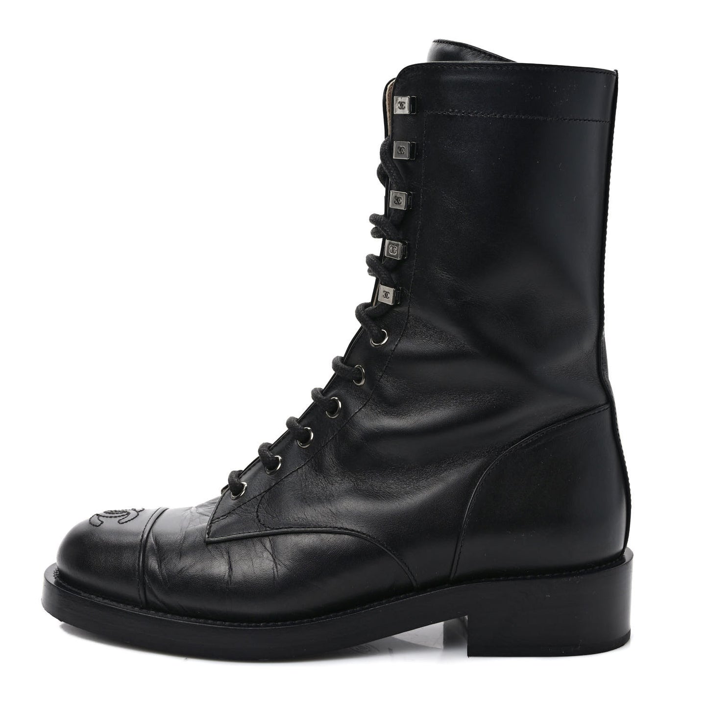 Crumpled Calfskin Lace Up Combat Boots 37 Black