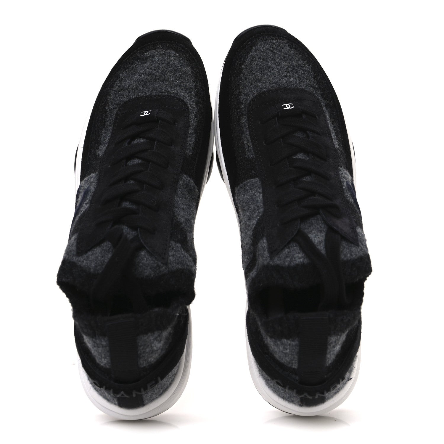 Chanel Knit Fabric Suede Calfskin Womens CC Sneakers 39 Black Grey 2 of 10