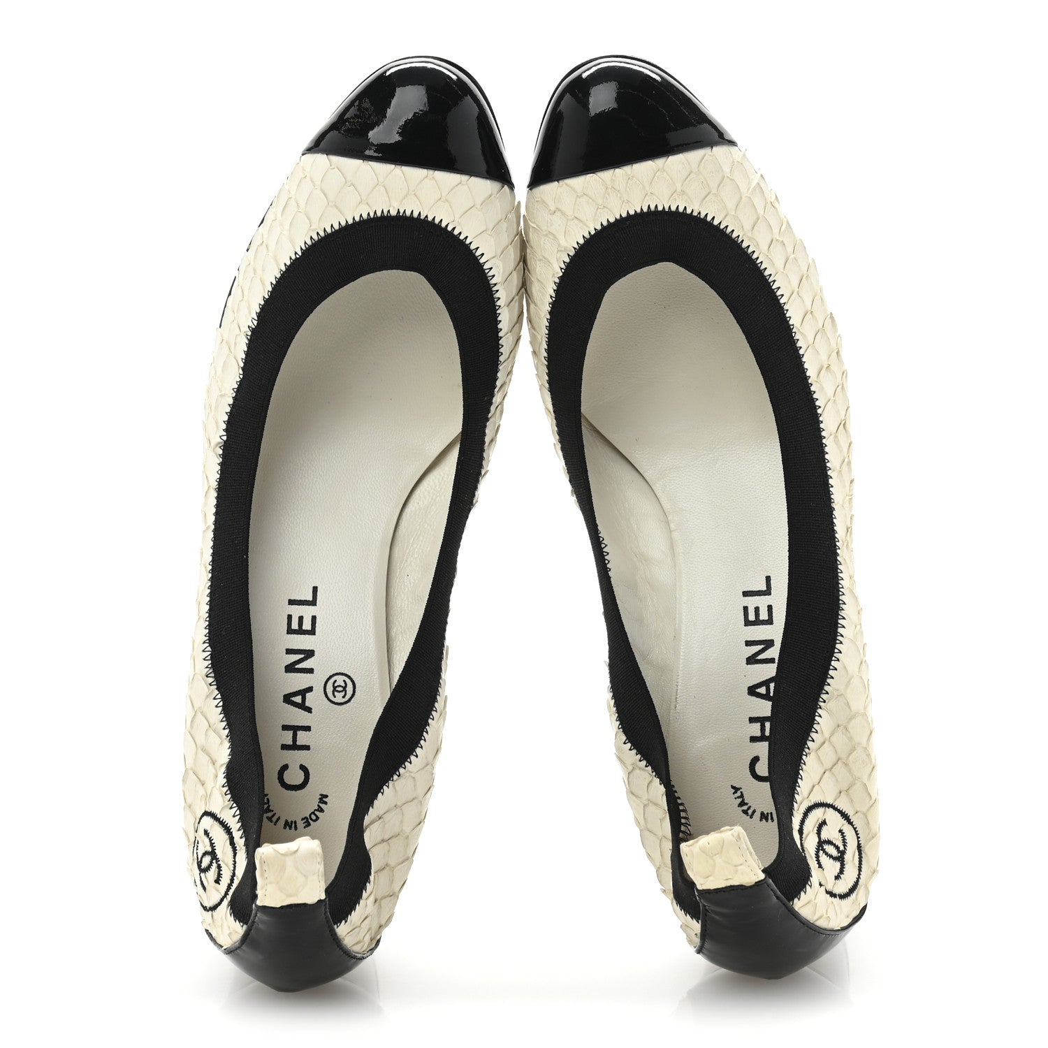 Chanel Snakeskin CC Elastic Cap Toe Ballerina Pumps 38 White Black 2 of 8