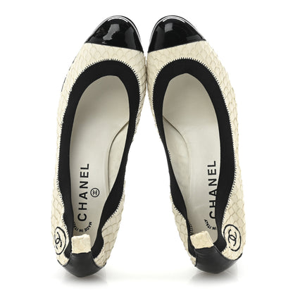 Chanel Snakeskin CC Elastic Cap Toe Ballerina Pumps 38 White Black 2 of 8
