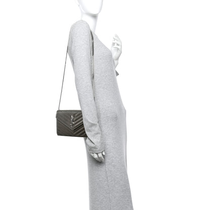 Saint Laurent Metallic Grain De Poudre Matelasse Chevron Monogram Chain Wallet Piombo 2 of 15