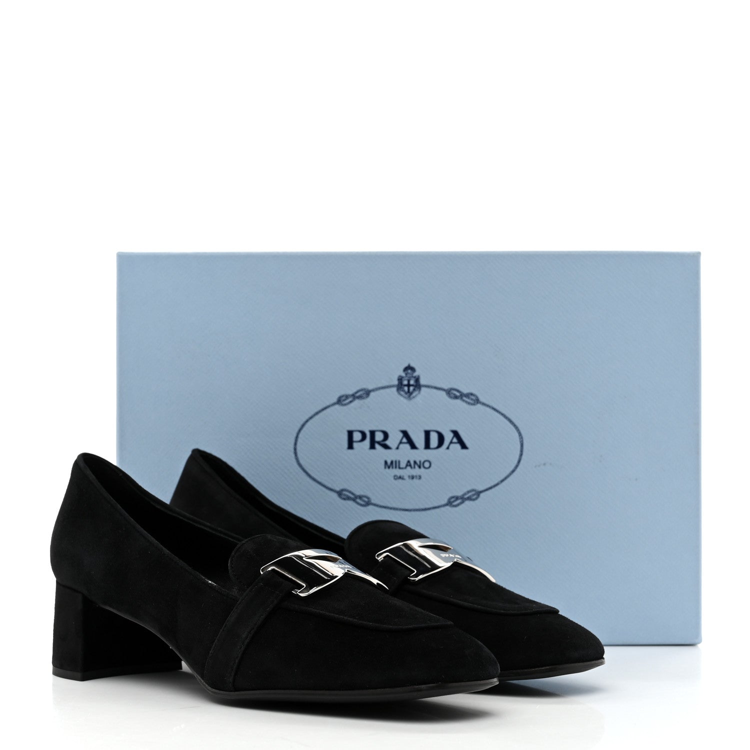 Prada Camoscio Metal Triangle Logo Loafers 37.5 Black 9 of 9