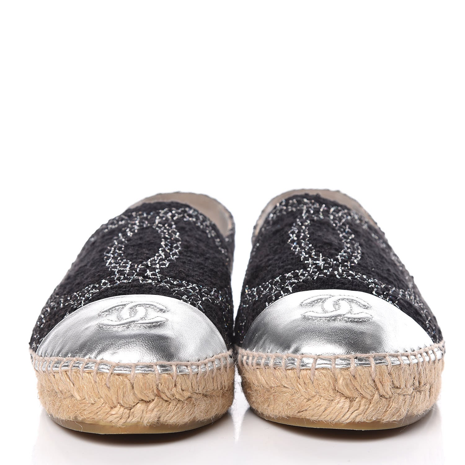 Chanel Tweed Lambskin CC Espadrilles 37 Black Silver 2 of 14