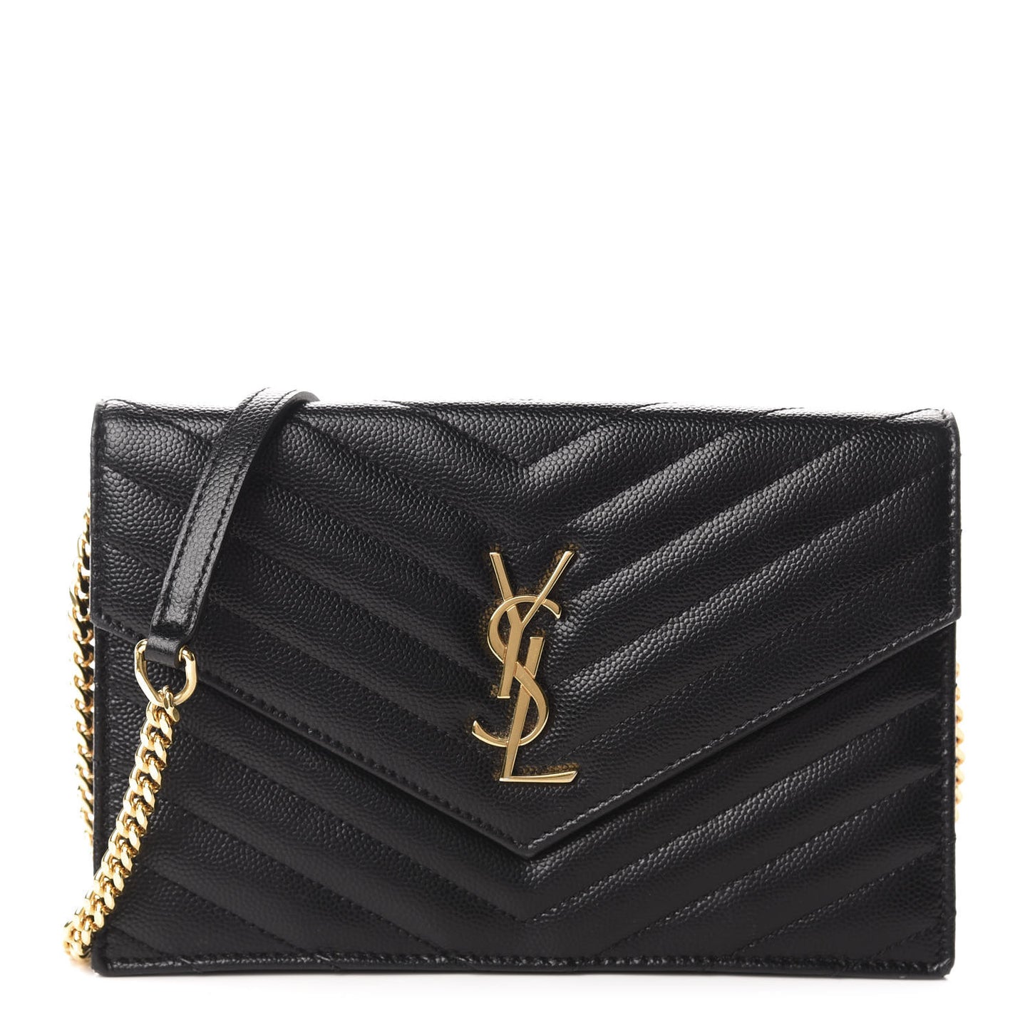 Grain De Poudre Matelasse Chevron Monogram Envelope Chain Wallet Black