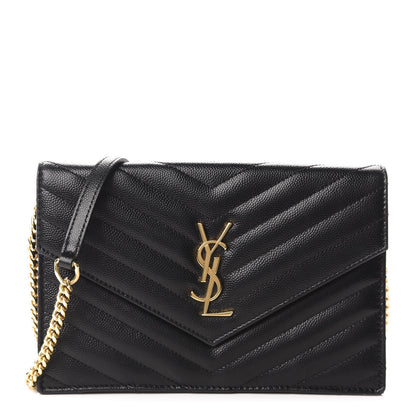 Saint Laurent Grain De Poudre Matelasse Chevron Monogram Envelope Chain Wallet Black 1 of 10