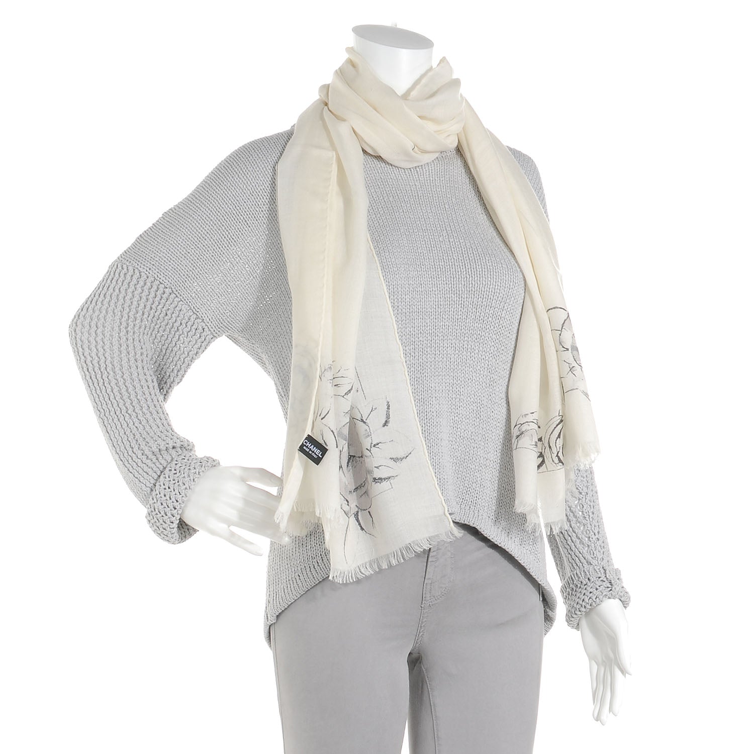 Chanel Cashmere Wool Silk CC Camellia Scarf Ivory 2 of 5