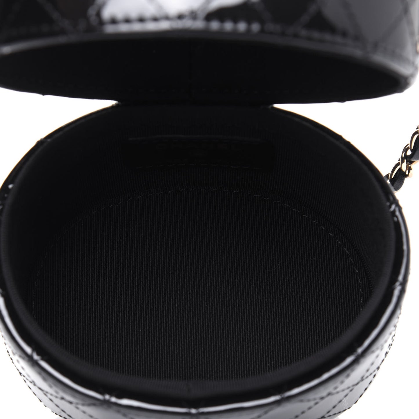 Patent Quilted Round Mini Vanity Case With Chain Black