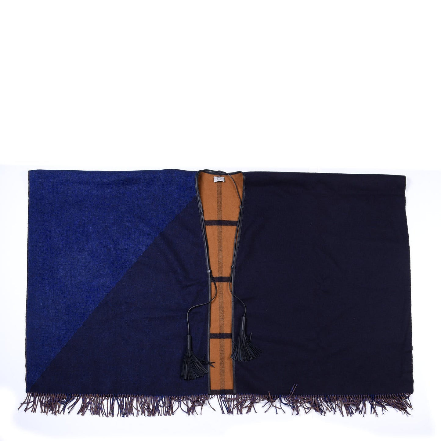 Wool Calfskin Reversible Highlands Poncho Navy Royal Fauve