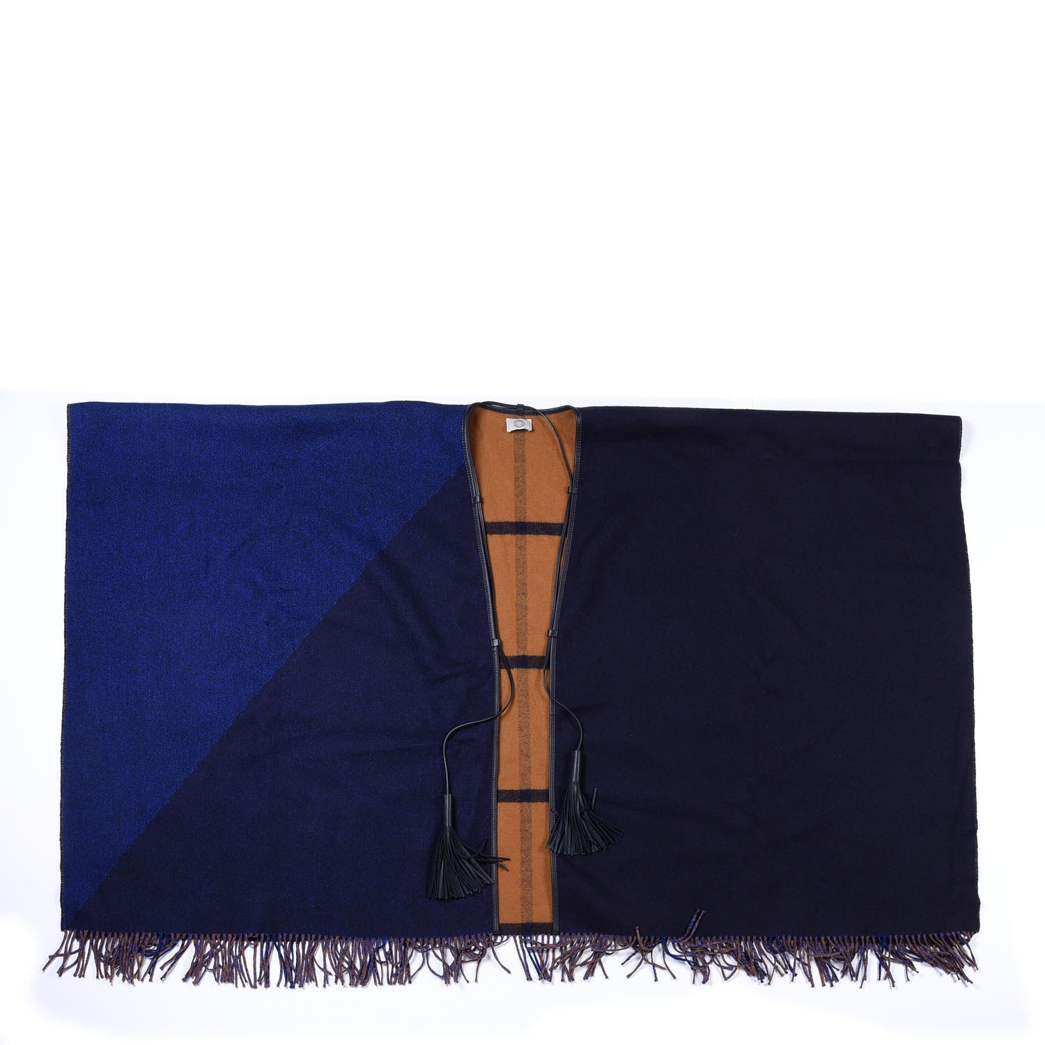 Hermes Wool Calfskin Reversible Highlands Poncho Navy Royal Fauve 1 of 3