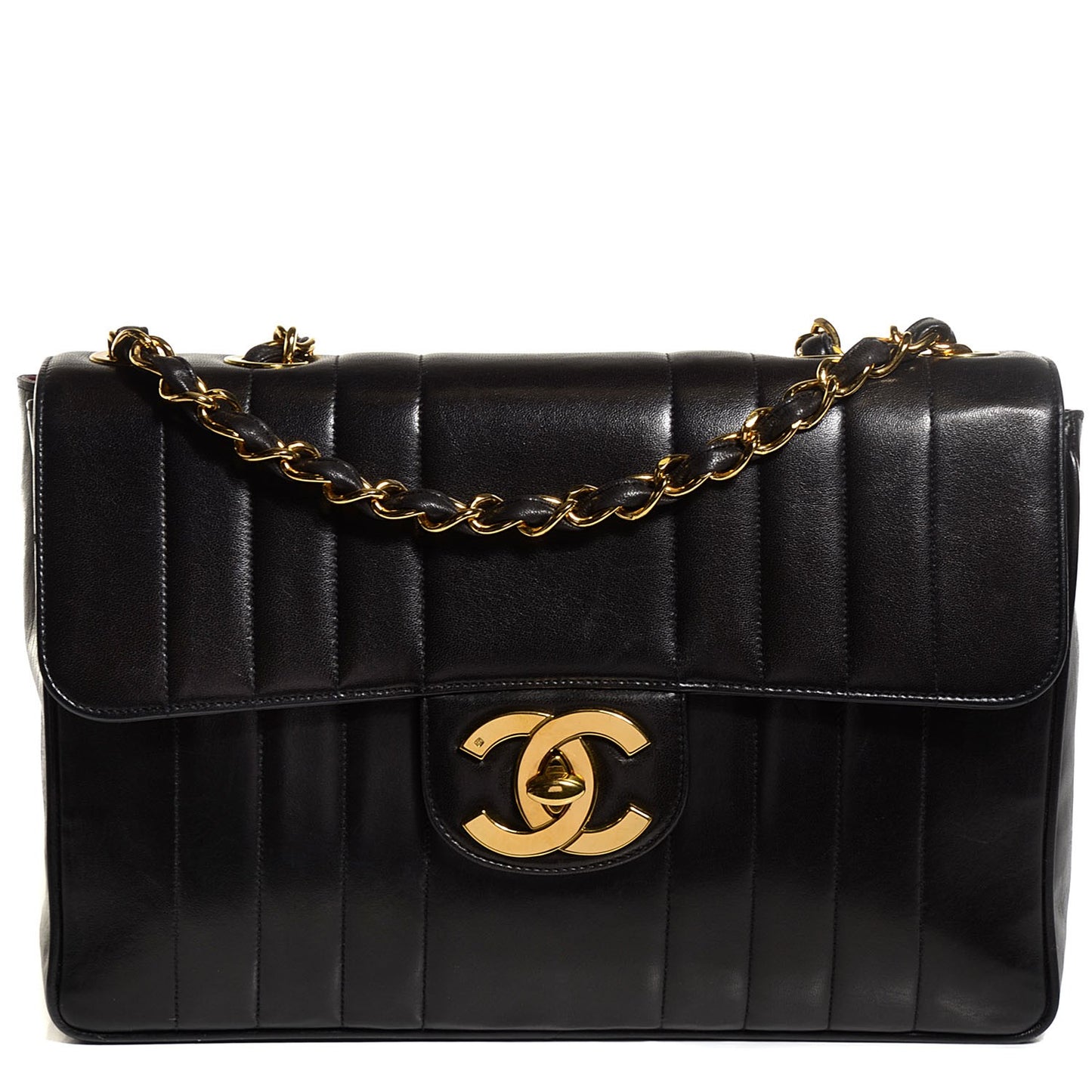 Lambskin Vertical Quilt Jumbo Flap Black