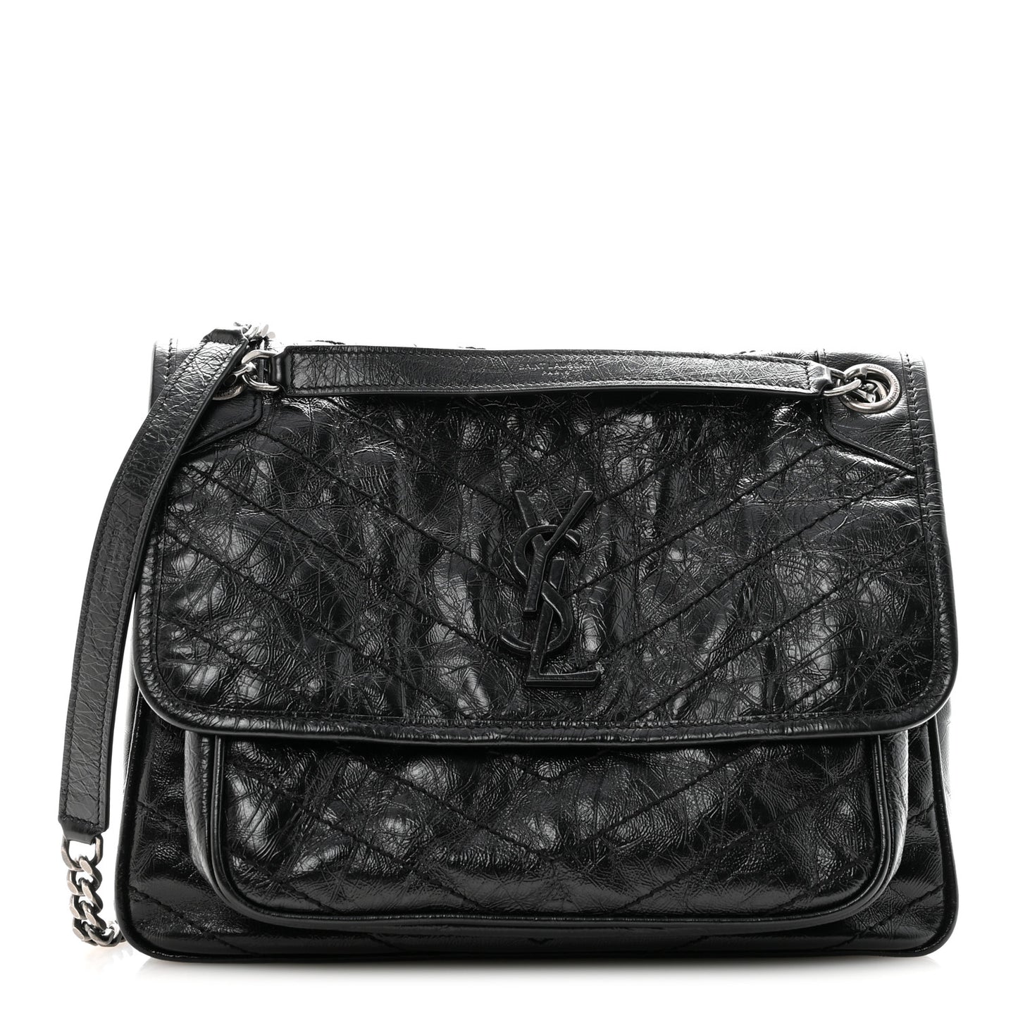 Crinkled Calfskin Matelasse Monogram Medium Niki Chain Satchel Black