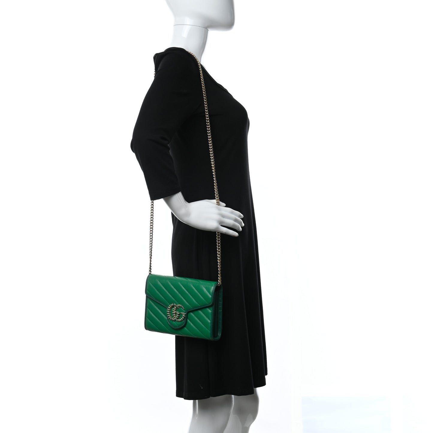 Azalea Calfskin Enamel Matelasse Diagonal Torchon GG Marmont Chain Wallet New Shamrock Emerald