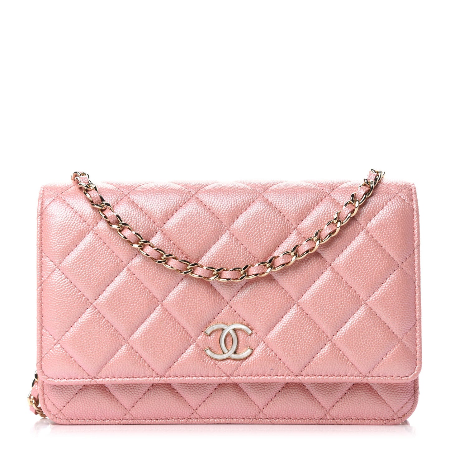 Iridescent Caviar Quilted Wallet on Chain WOC Rose Pink