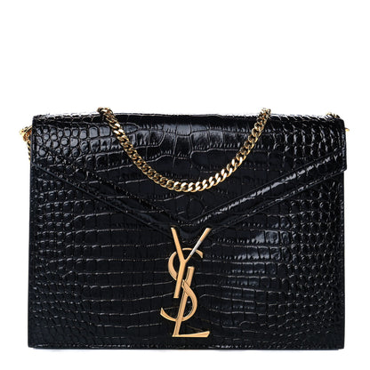 Saint Laurent Patent Calfskin Crocodile Embossed Monogram Cassandra Chain Wallet Black 1 of 12