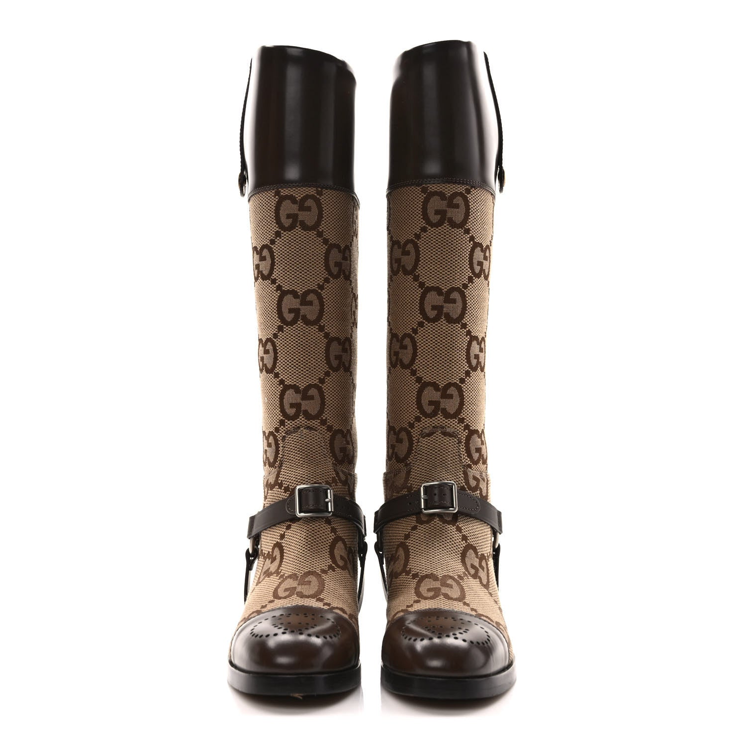 Gucci Monogram Jumbo GG Cordovan Lux Zelda Harness Riding Boots 36.5 Camel Ebony New Acero 2 of 8