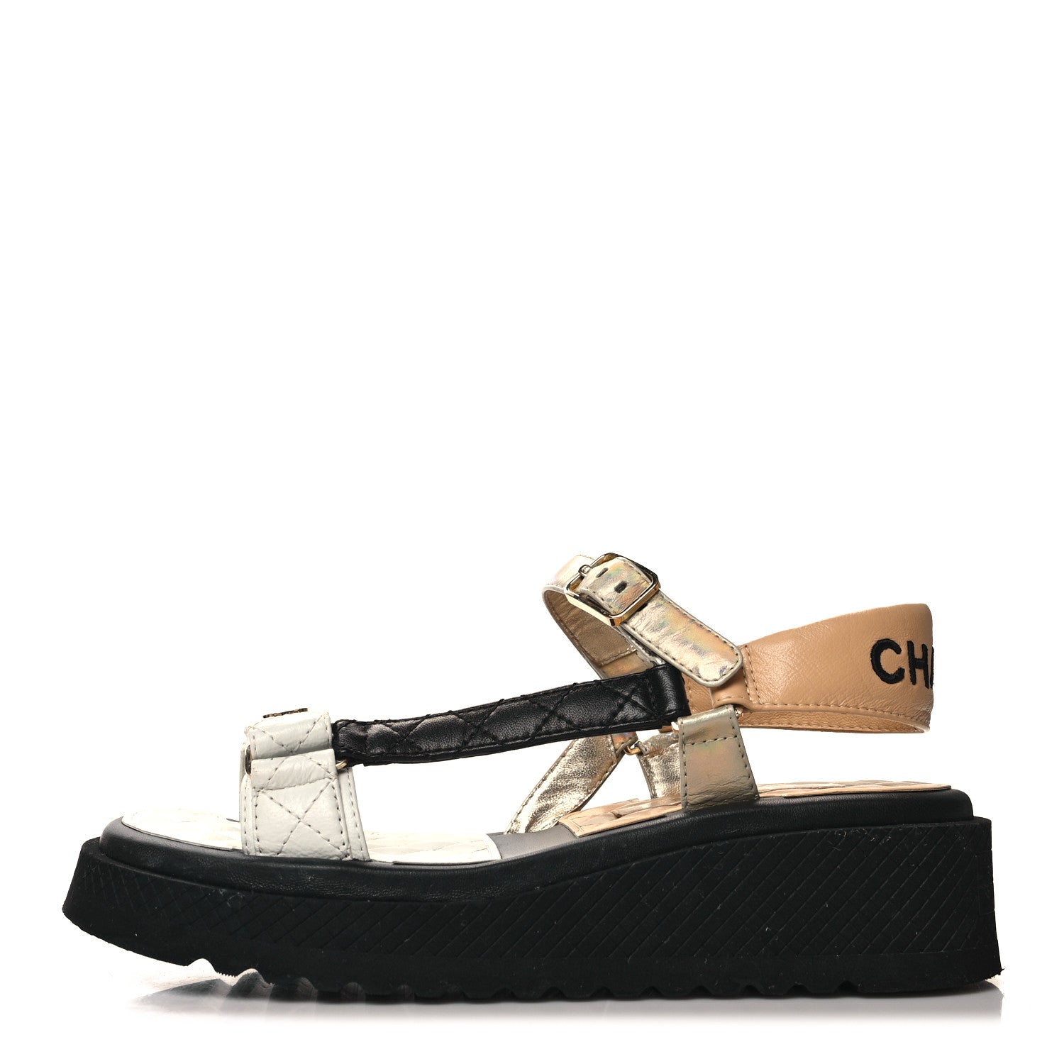 Chanel Lambskin Logo Platform Sandals 38 Beige Gold White 1 of 10