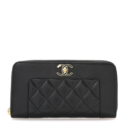 Chanel Sheepskin Quilted Large Gusset Mademoiselle Vintage Zip Around Wallet Black 1 of 9