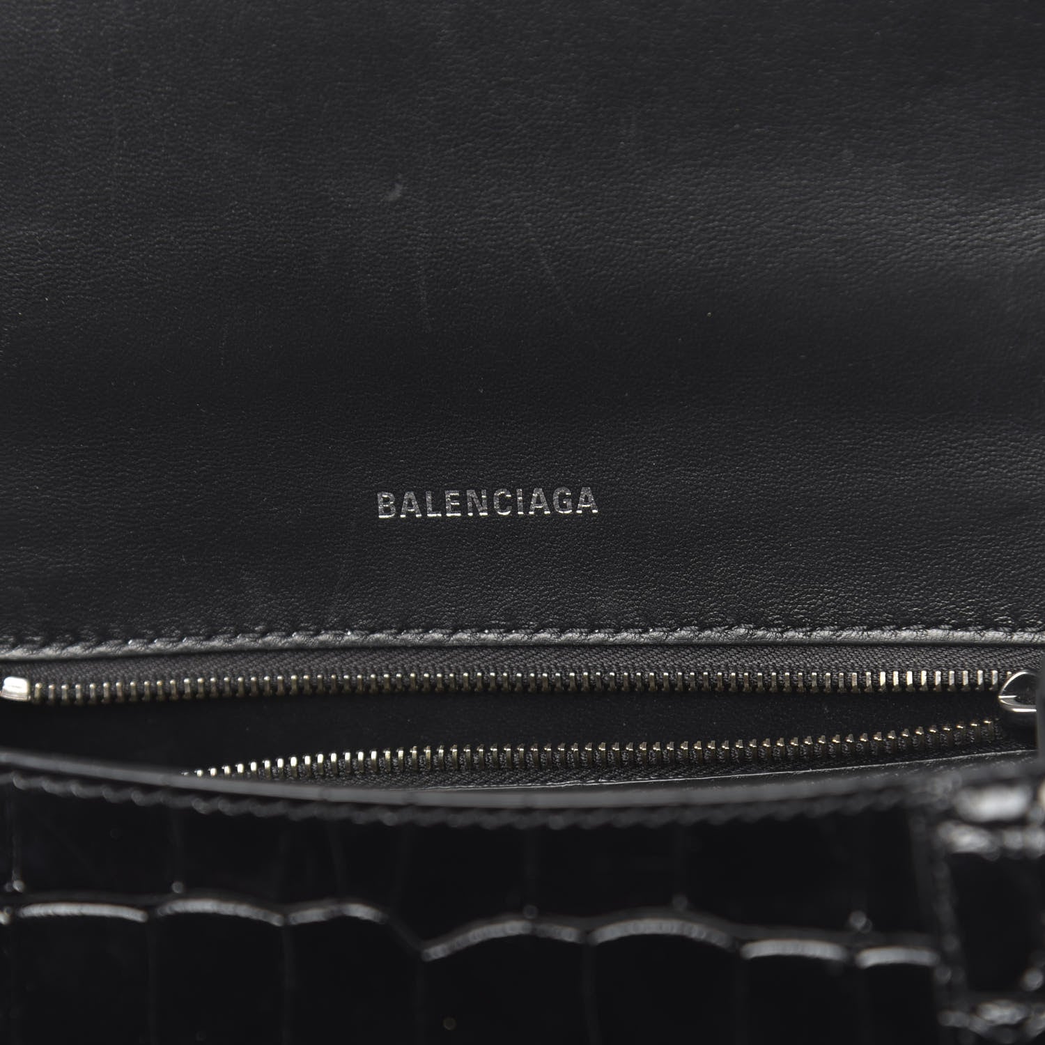 Balenciaga Shiny Calfskin Monochrome Crocodile Embossed Small Hourglass Top Handle Bag Black 6 of 9