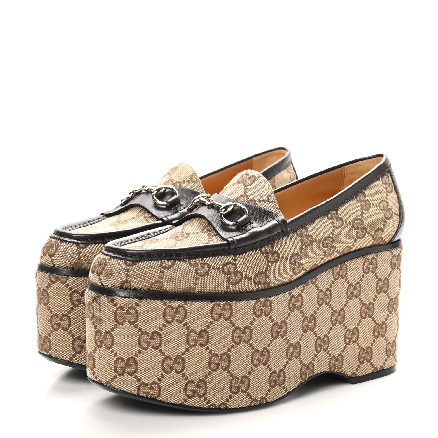 Gucci Canvas GG Monogram Horsebit Calfskin Womens Horsebit Platform Loafers 37.5 Beige Ebony 4 of 11