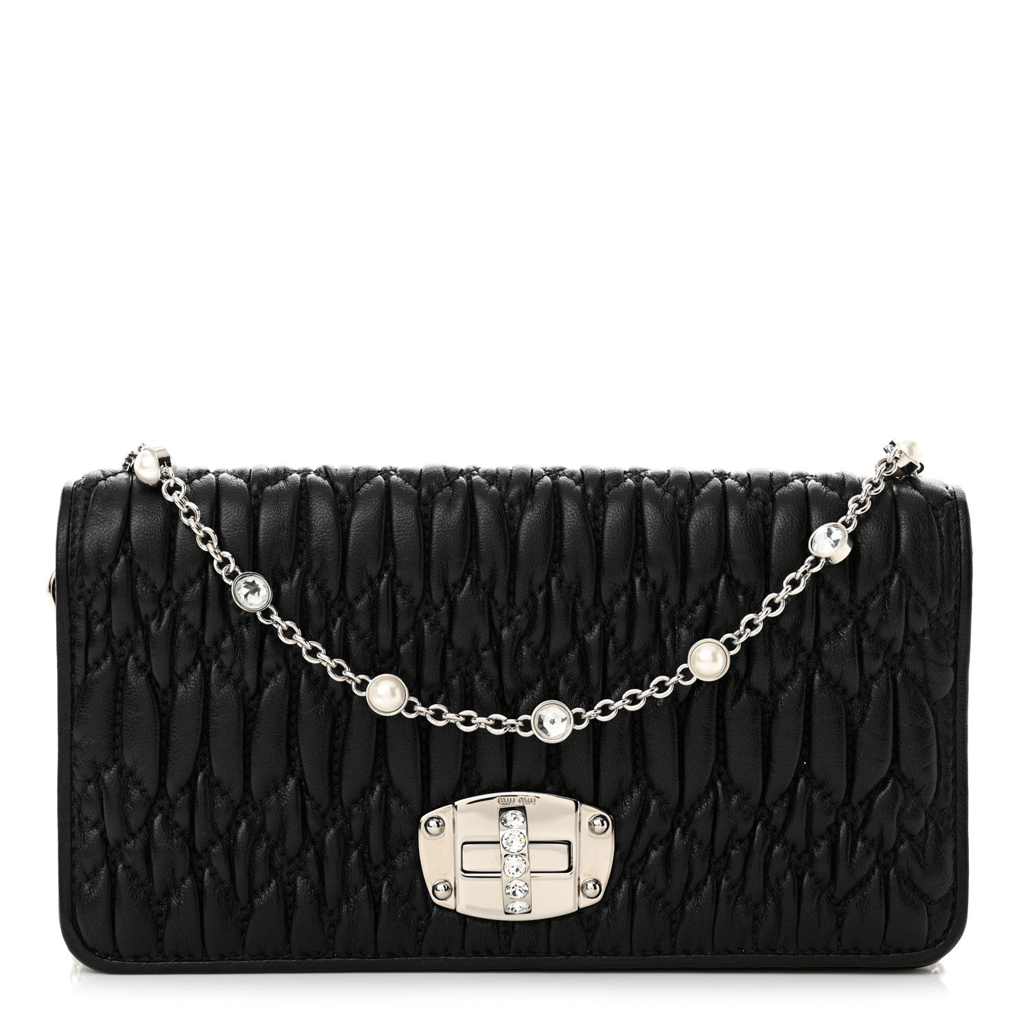 Miu Miu Nappa Matelasse Crystal Chain Wallet On Chain Black 1 of 12