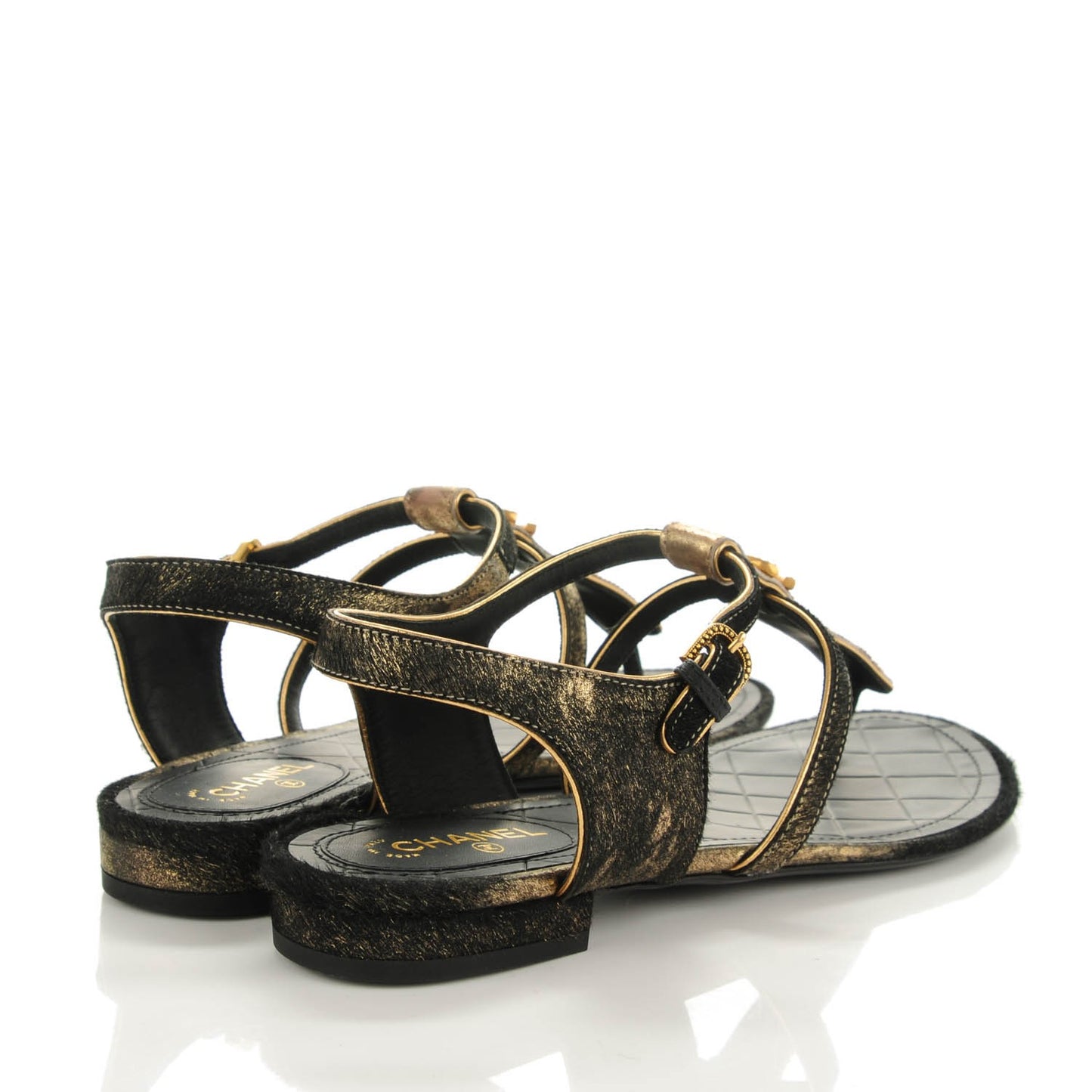 Metallic Calfskin Leopard Print Pony Hair CC Sandals 36 Gold Brown Black