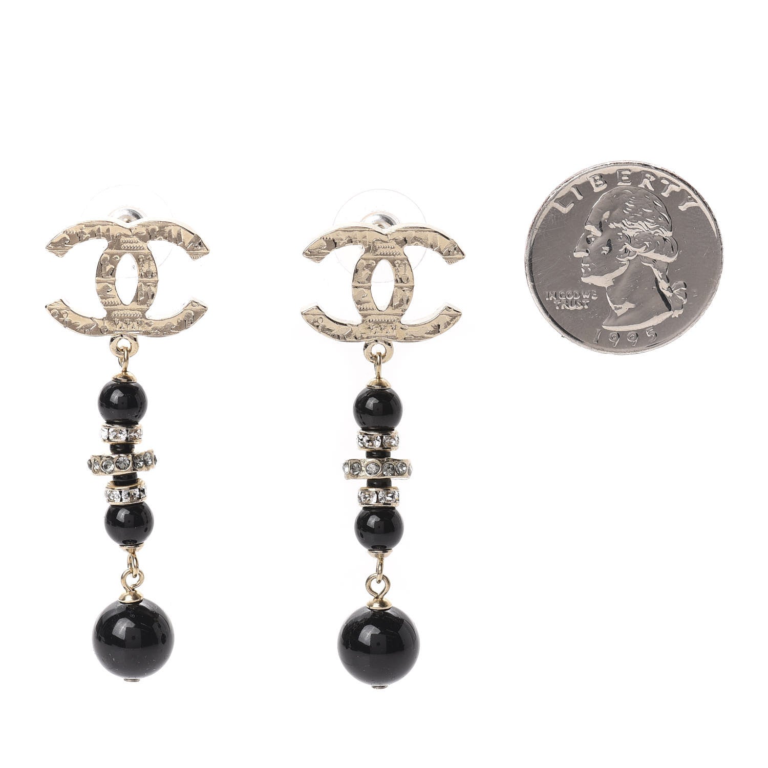 Chanel Crystal Bead Scarab CC Drop Earrings Gold Black 2 of 5