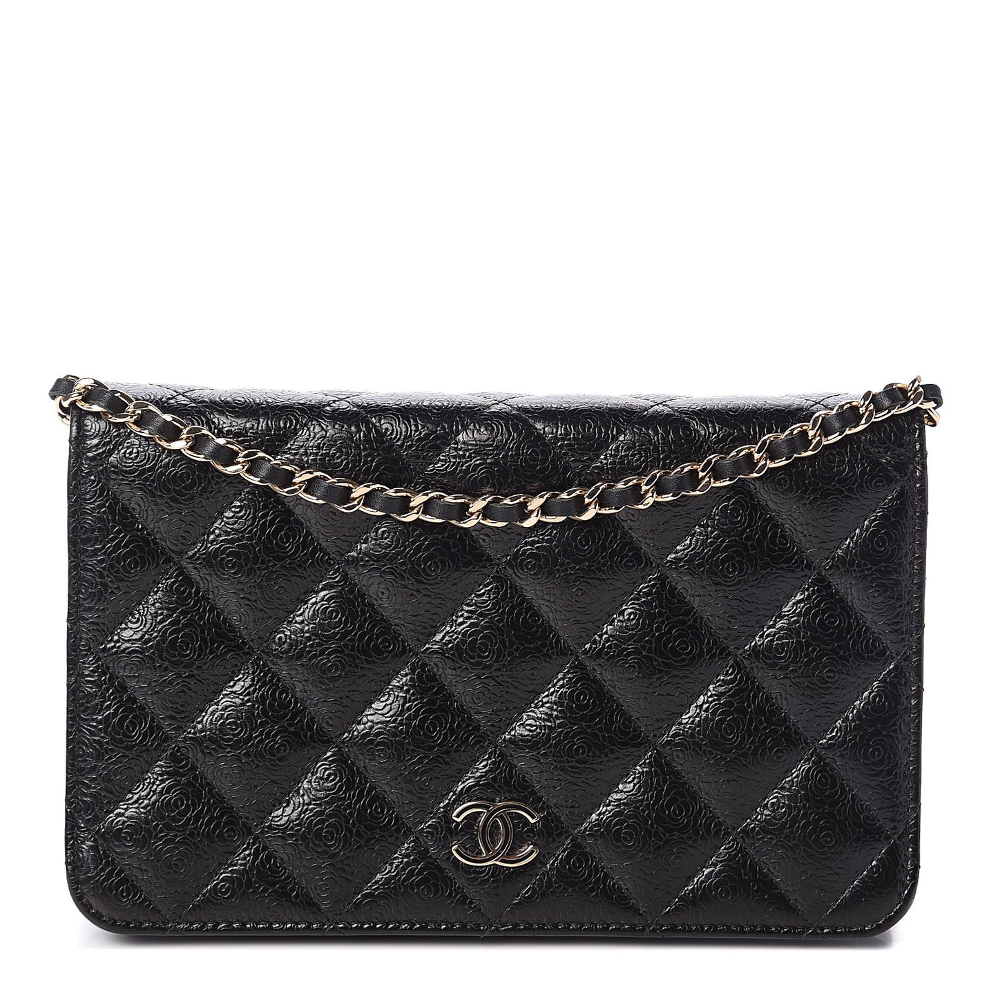 Calfskin Camellia Embossed Wallet on Chain WOC Black