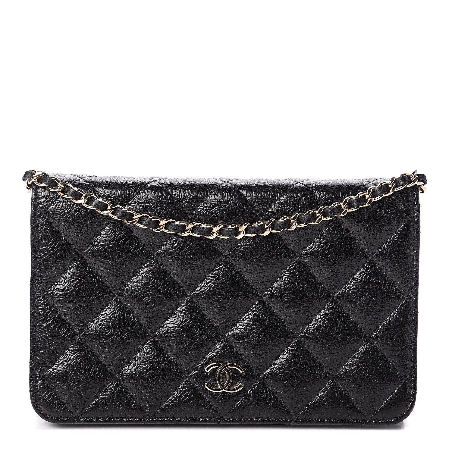 Chanel Calfskin Camellia Embossed Wallet on Chain WOC Black 1 of 10
