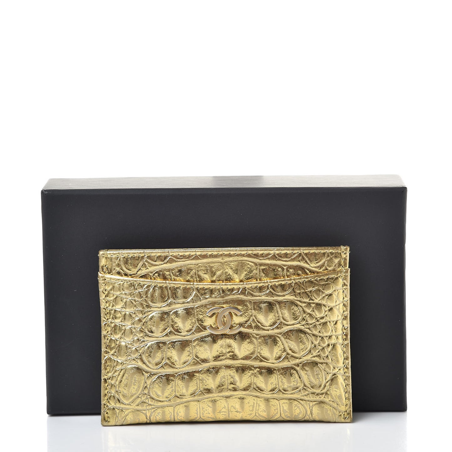 Metallic Calfskin Crocodile Embossed Cocodile Card Holder Gold