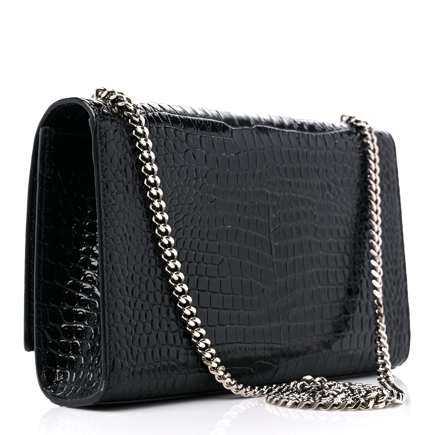 Calfskin Crocodile Embossed Medium Classic Monogram Kate Tassel Satchel Black