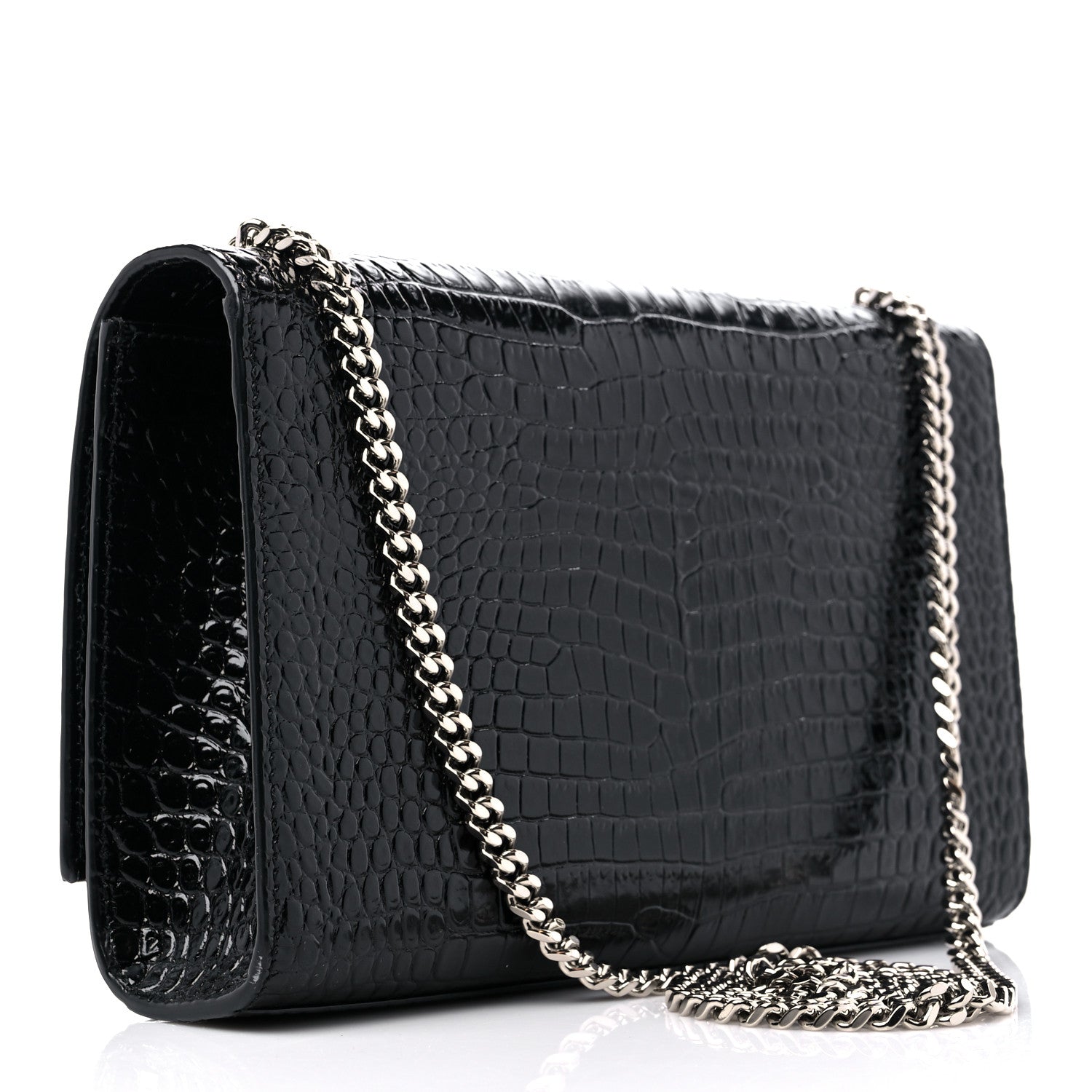 Saint Laurent Calfskin Crocodile Embossed Medium Classic Monogram Kate Tassel Satchel Black 3 of 9