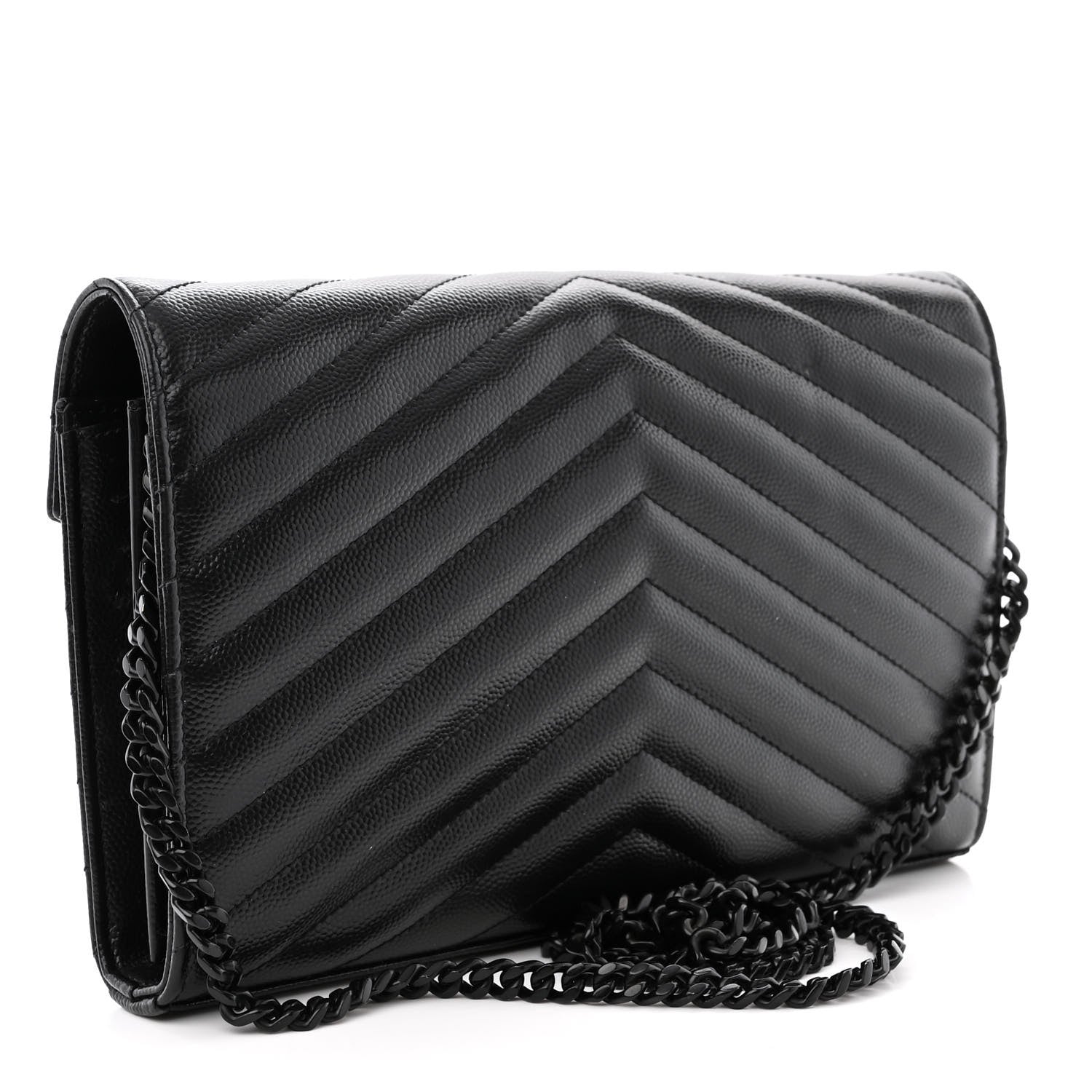 Saint Laurent Grain De Poudre Matelasse Chevron Monogram Monochrome Chain Wallet Black 3 of 13