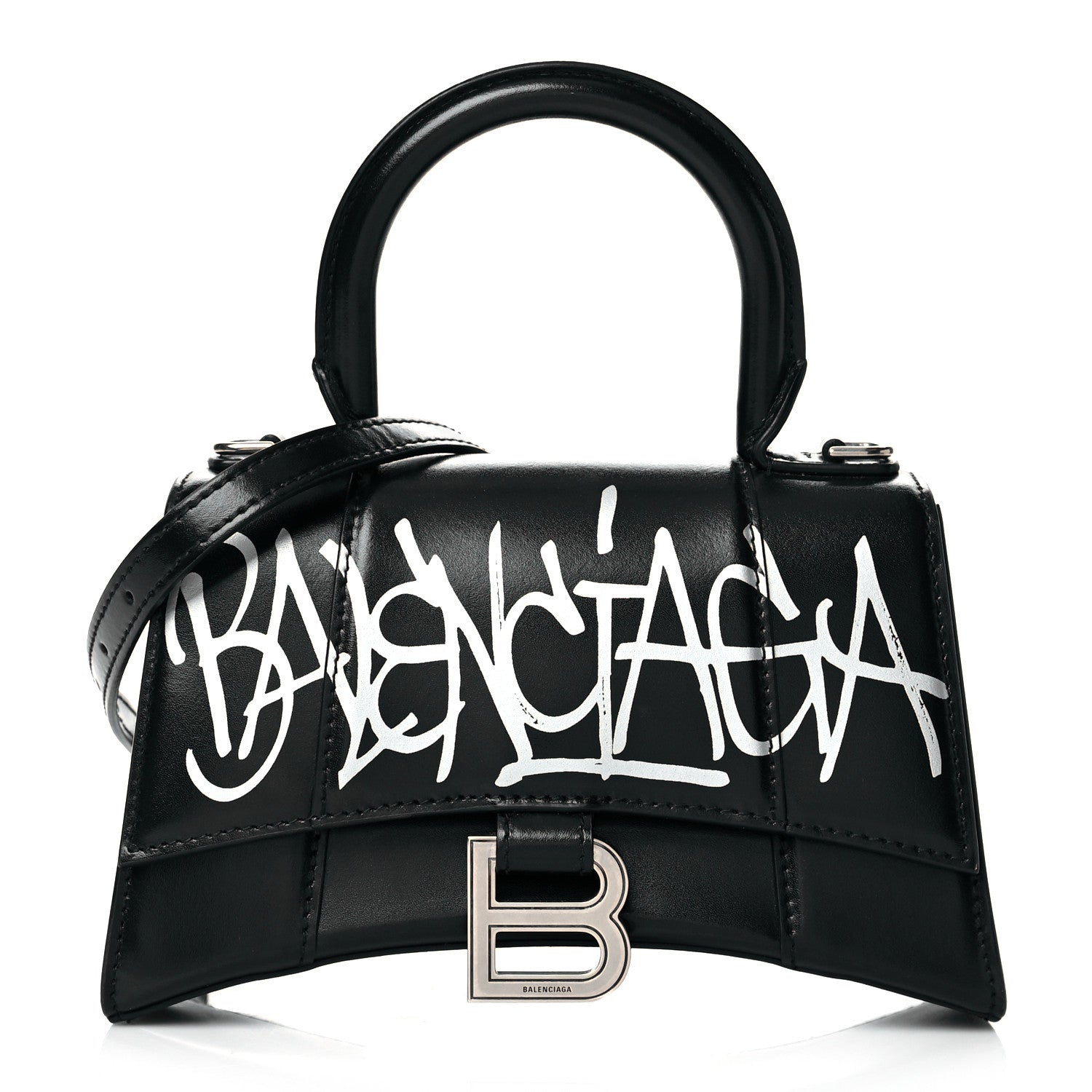 Balenciaga Box Calfskin Graffiti Logo Hourglass Top Handle Bag XS Black Silver 1 of 12