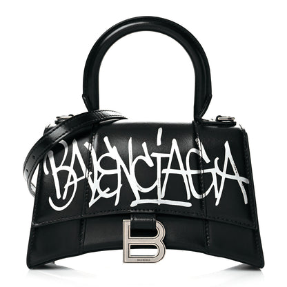 Balenciaga Box Calfskin Graffiti Logo Hourglass Top Handle Bag XS Black Silver 1 of 12
