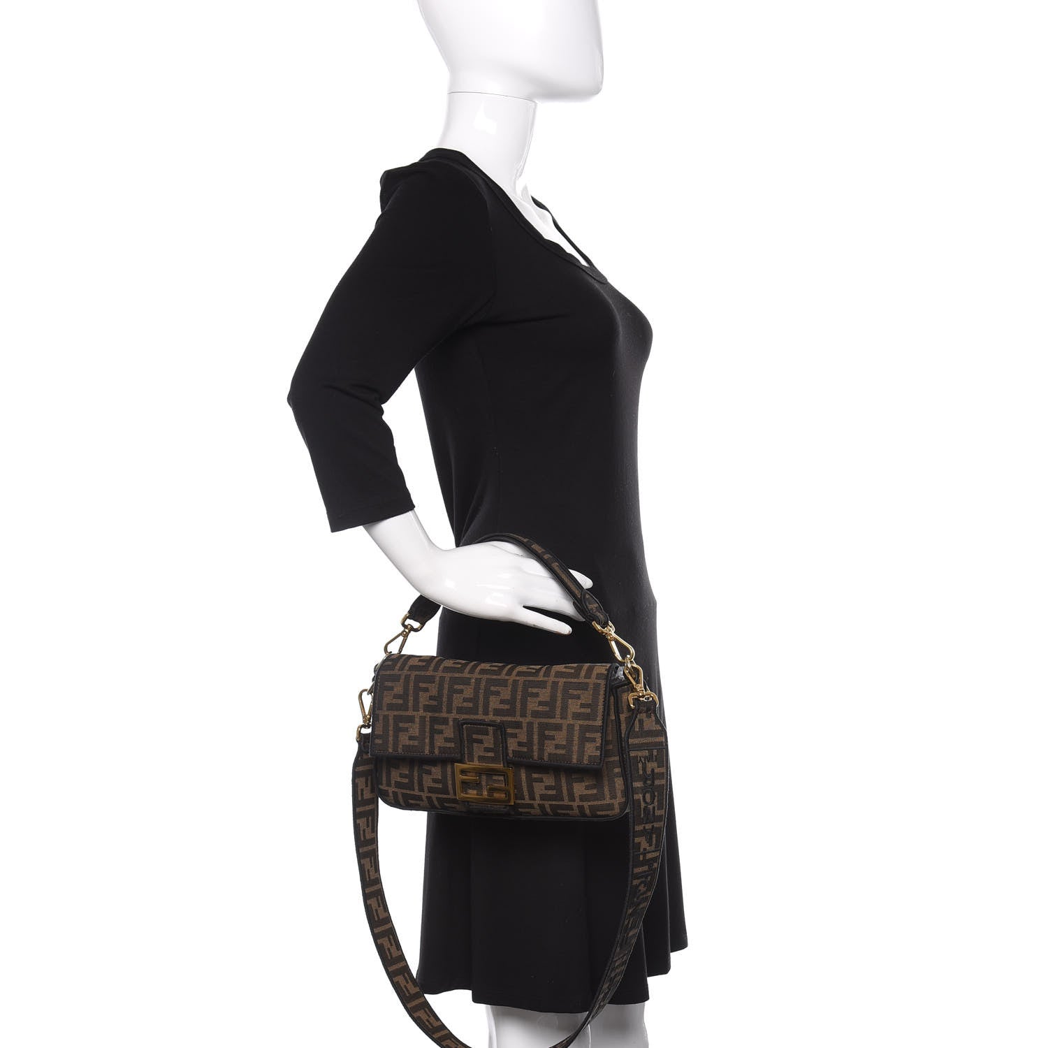 Fendi Fabric Jacquard FF 1974 Medium Baguette Tobacco Moro Black 3 of 10
