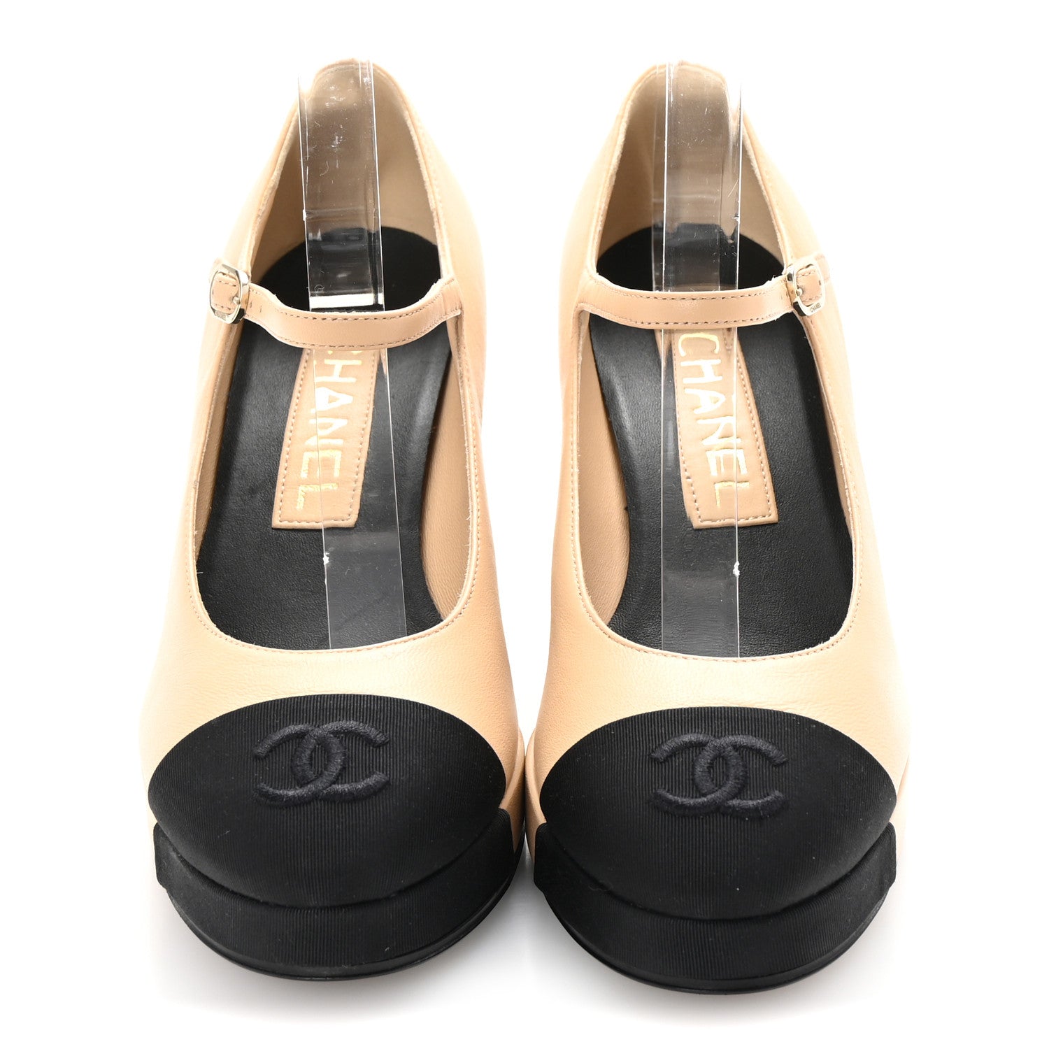 Chanel Lambskin Cap Toe CC Mary Jane Pumps 36.5 Beige Black 3 of 10