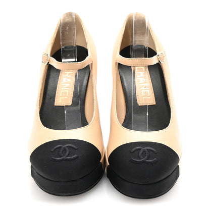 Chanel Lambskin Cap Toe CC Mary Jane Pumps 36.5 Beige Black 3 of 10