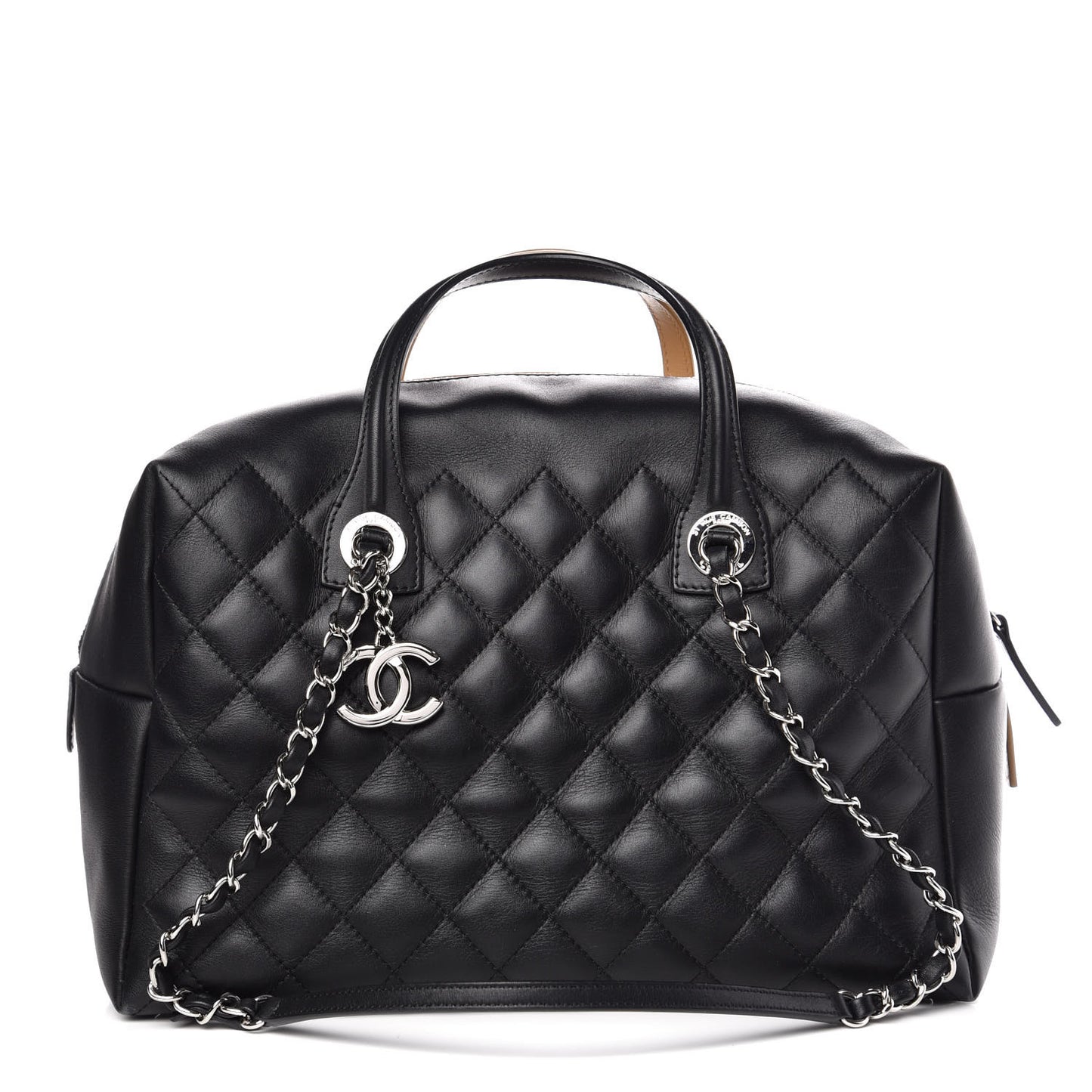 Calfskin Quilted Feather Weight Bowling Bag Black Beige