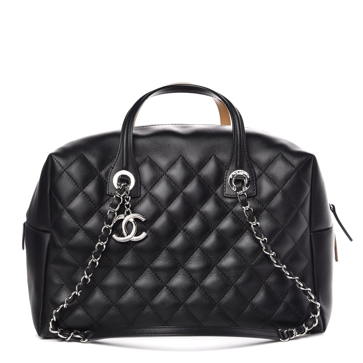 Chanel Calfskin Quilted Feather Weight Bowling Bag Black Beige 1 of 11