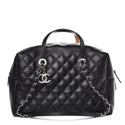 Chanel Calfskin Quilted Feather Weight Bowling Bag Black Beige 1 of 11