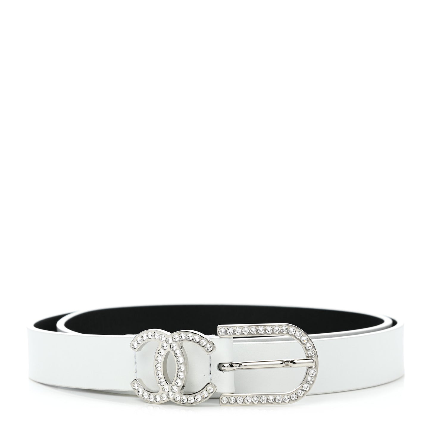 Calfskin Crystal CC Buckle Belt 80 32 White