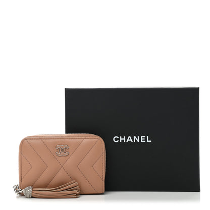 Chanel Calfskin Chevron Quilted Tassel Zip Around Coin Purse Beige 9 of 9
