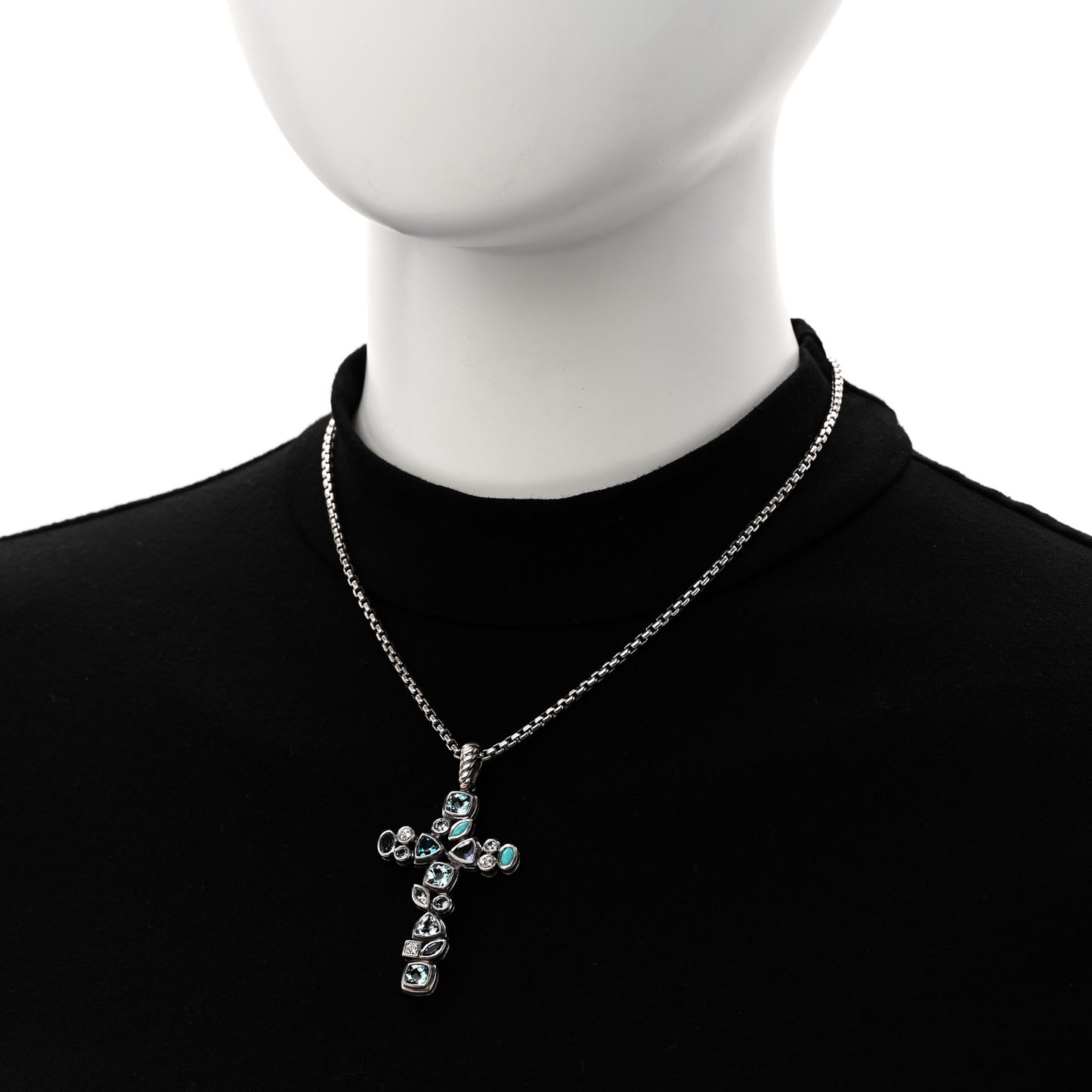 Sterling Silver 14K Yellow Gold Diamond Blue Topaz Turquoise Iolite Mosaic Cross Pendant Necklace