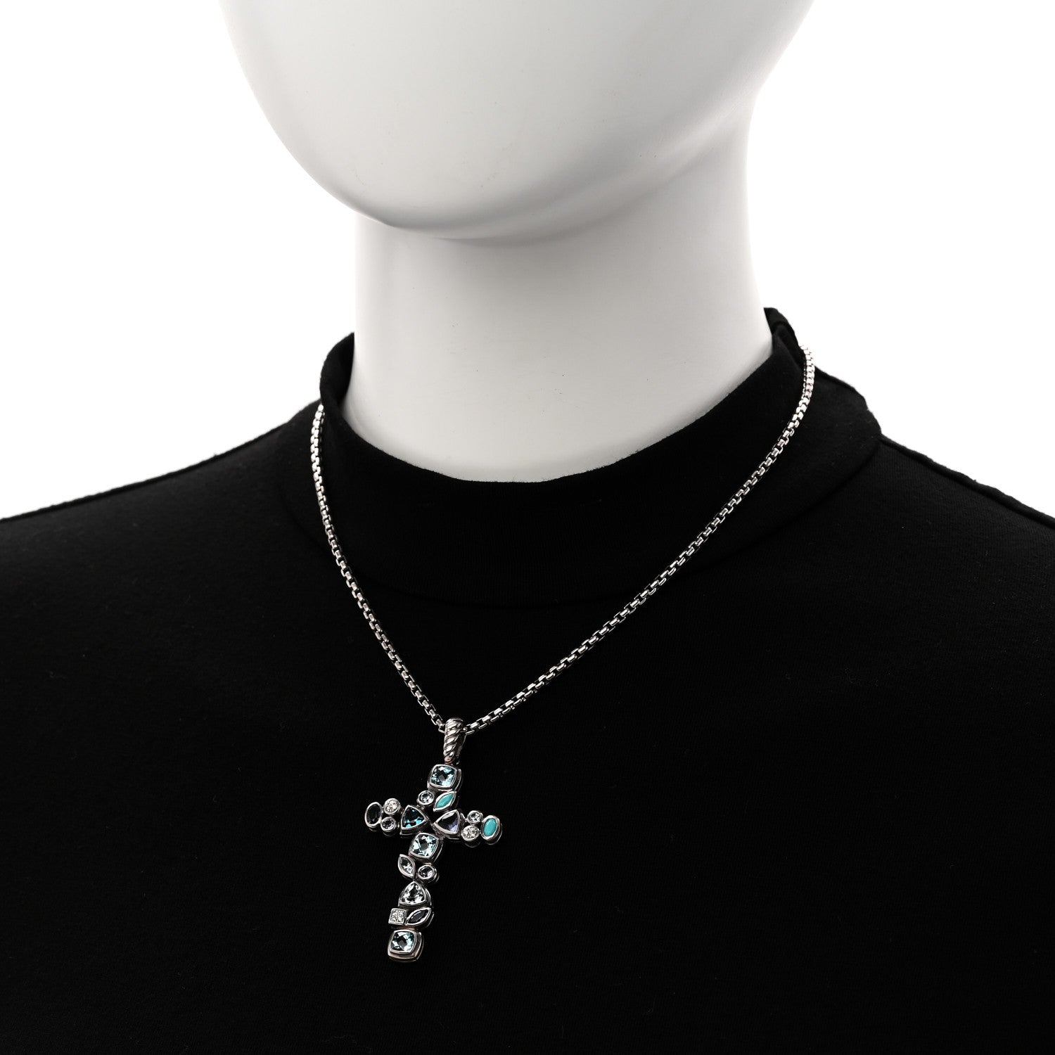 David Yurman Sterling Silver 14K Yellow Gold Diamond Blue Topaz Turquoise Iolite Mosaic Cross Pendant Necklace 2 of 4