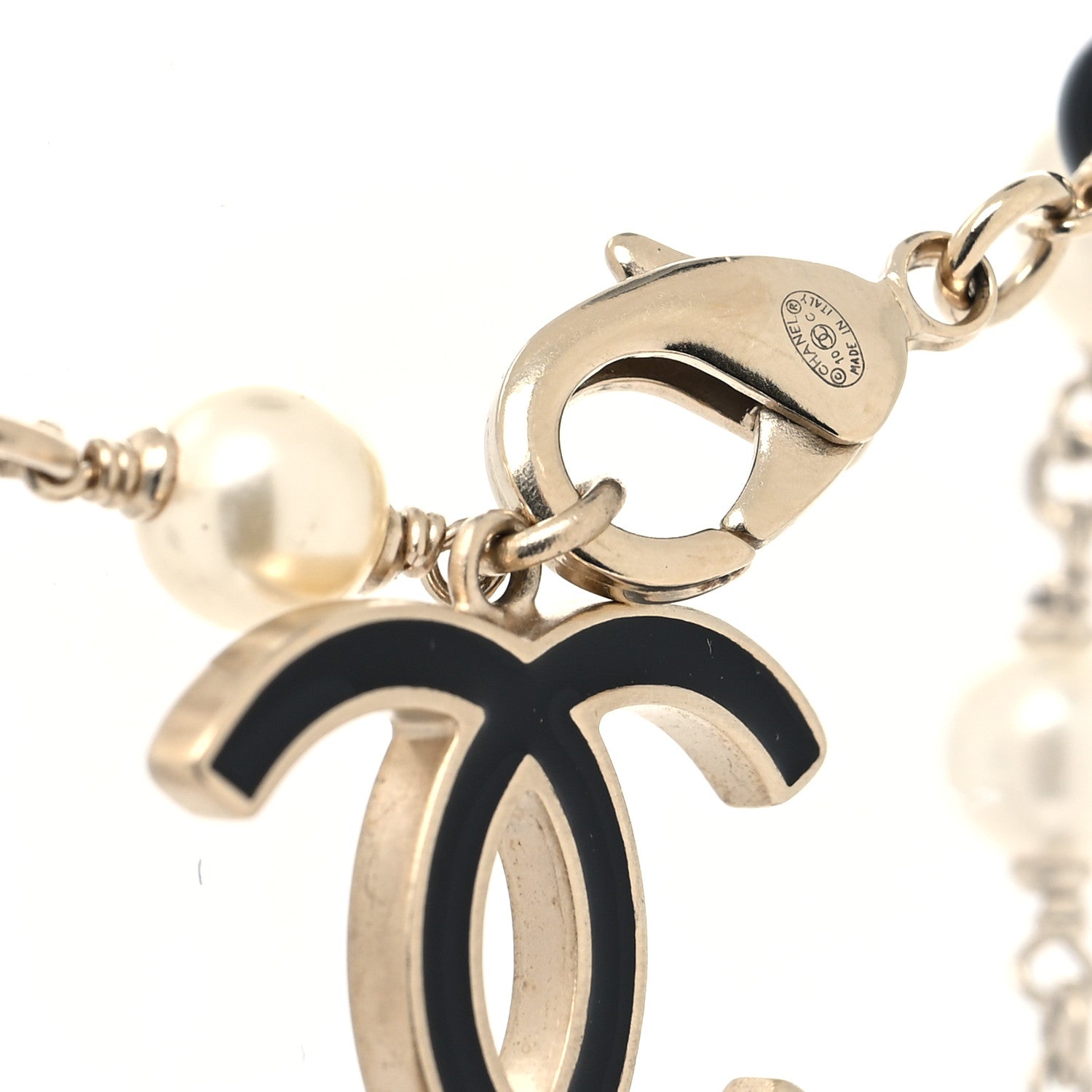 Chanel Pearl Bead CC Venice Charm Necklace Black Gold 4 of 5